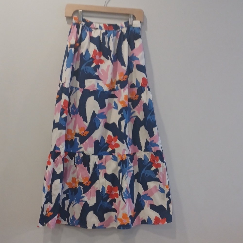 Walter Baker Navy Floral Tiered Maxi Skirt with Pink and Orange Accents